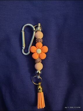 Pink Orange Floral Bead Keychain with Tassel
